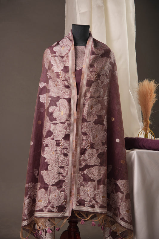 Floral Embroidered Wine Soft Cotton Unstitched Suit with Coordinated Dupatta