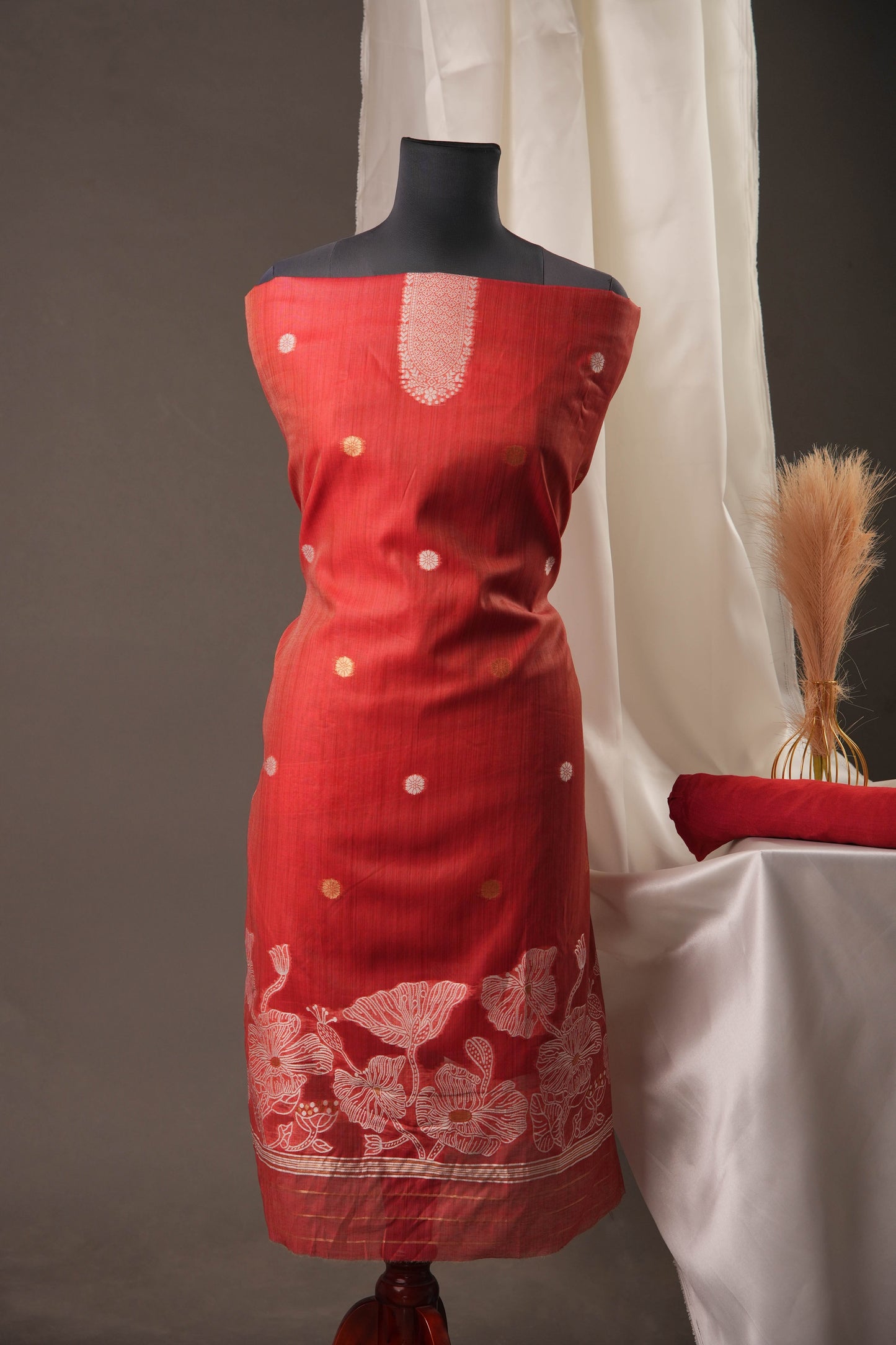 Floral Embroidered Rust Red Soft Cotton Unstitched Suit with Coordinated Dupatta