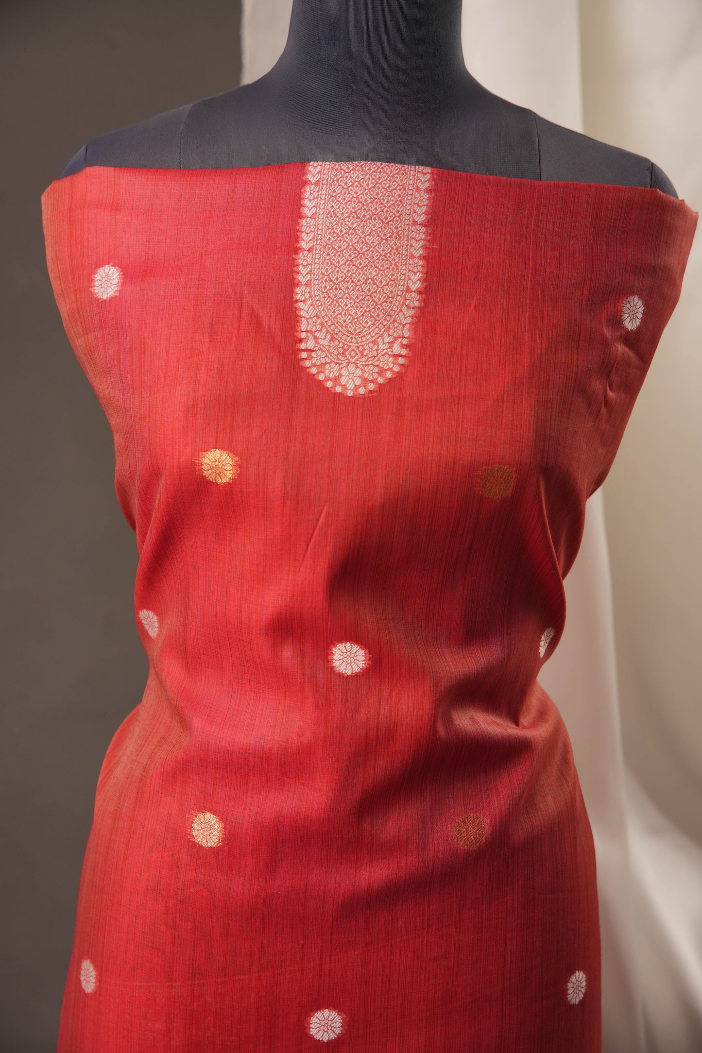 Floral Embroidered Rust Red Soft Cotton Unstitched Suit with Coordinated Dupatta