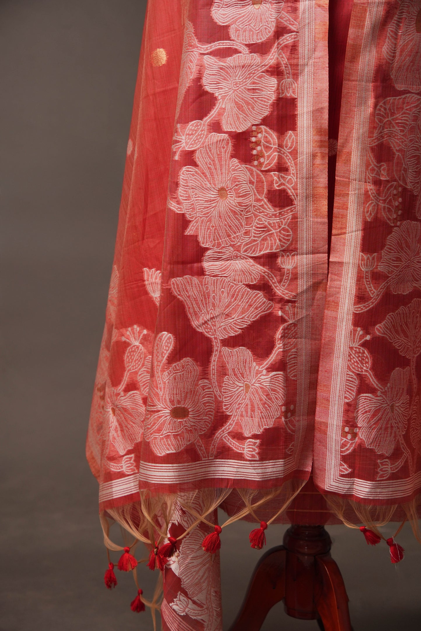 Floral Embroidered Rust Red Soft Cotton Unstitched Suit with Coordinated Dupatta