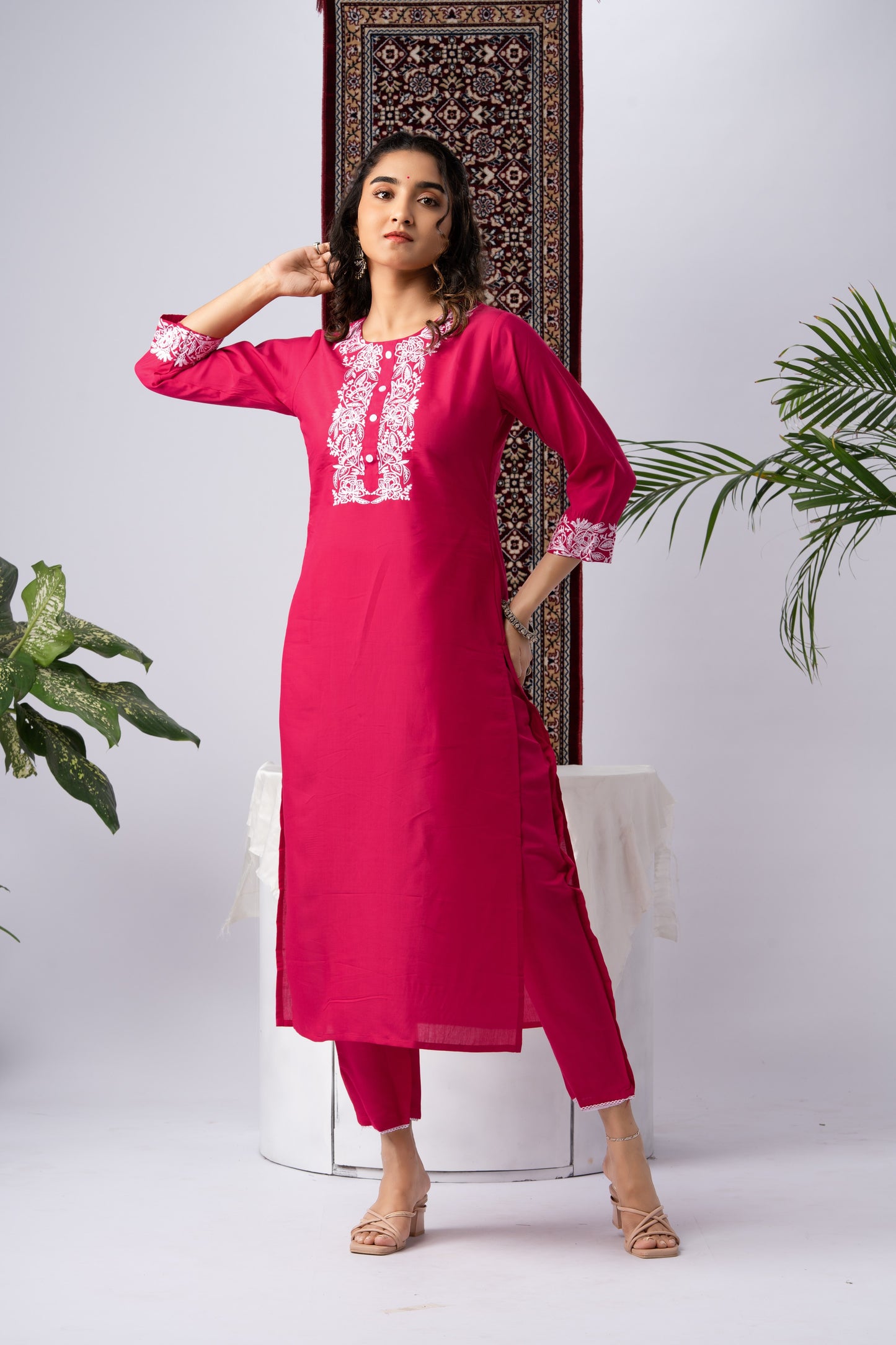 Pink Pure Silk Kurta Set with White Thread Embroidery