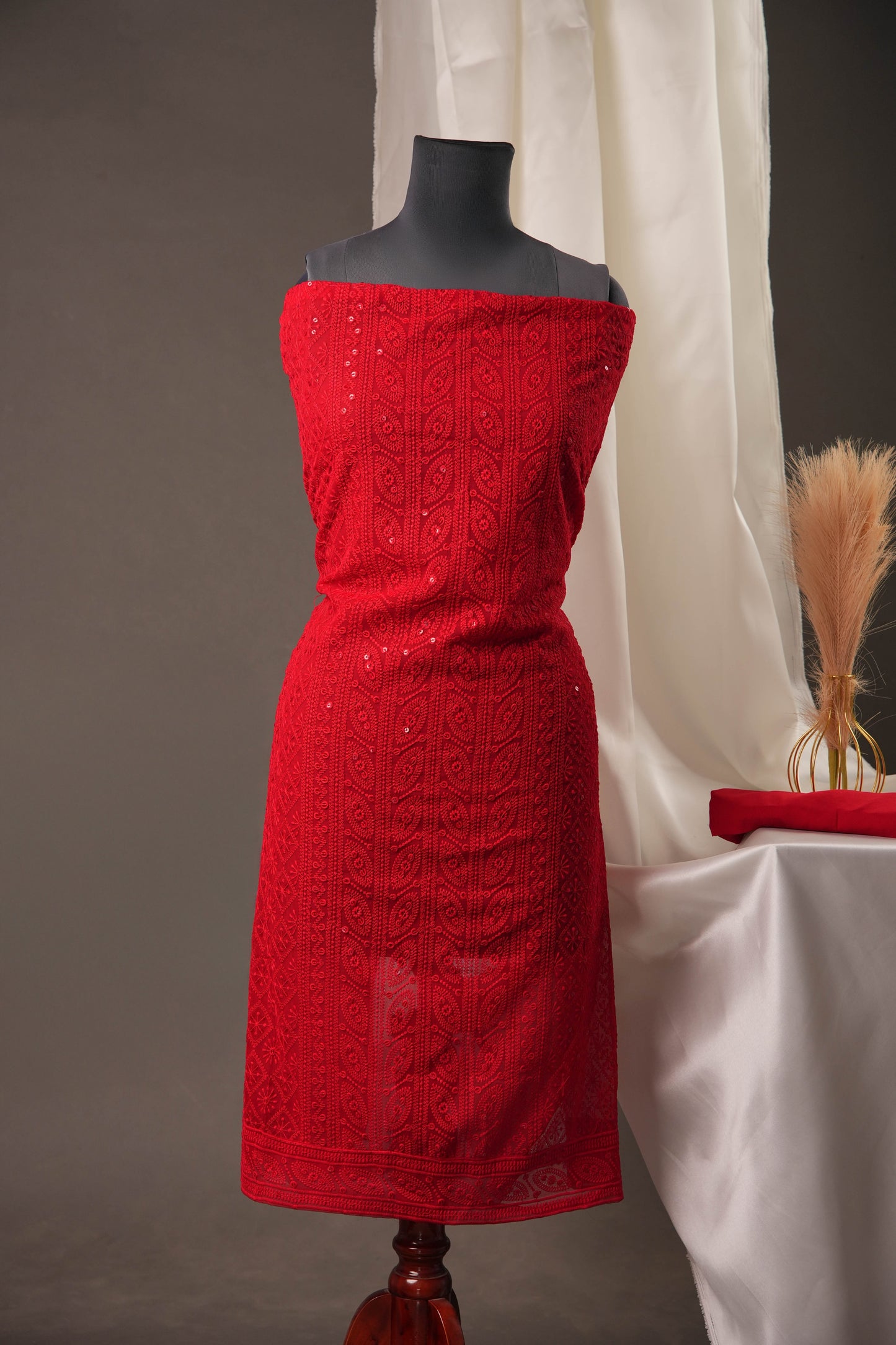 Elegant Red Georgette Unstitched Suit with Sequence Work & Solid Chiffon Dupatta