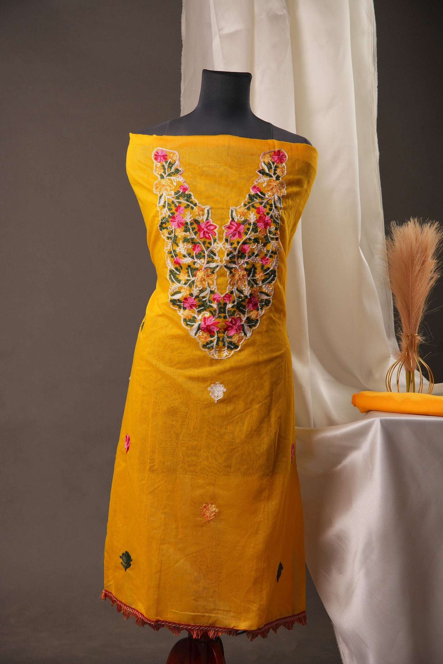 Sunshine Yellow Chanderi Cotton Unstitched Suit with Multicolour Floral thread work & Net Dupatta