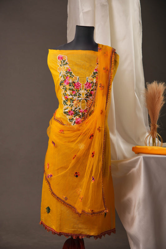 Sunshine Yellow Chanderi Cotton Unstitched Suit with Multicolour Floral thread work & Net Dupatta