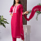 Pink Pure Silk Kurta Set with White Thread Embroidery