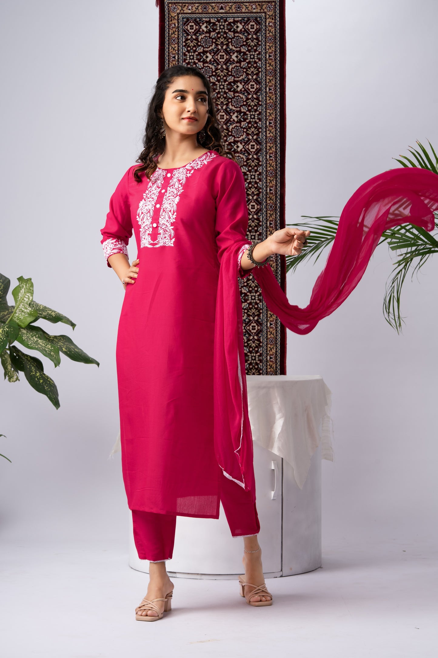Pink Pure Silk Kurta Set with White Thread Embroidery