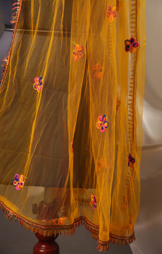 Sunshine Yellow Chanderi Cotton Unstitched Suit with Multicolour Floral thread work & Net Dupatta