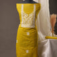 Lime Yellow Chanderi Cotton Unstitched Suit with White Thread work& Net Dupatta