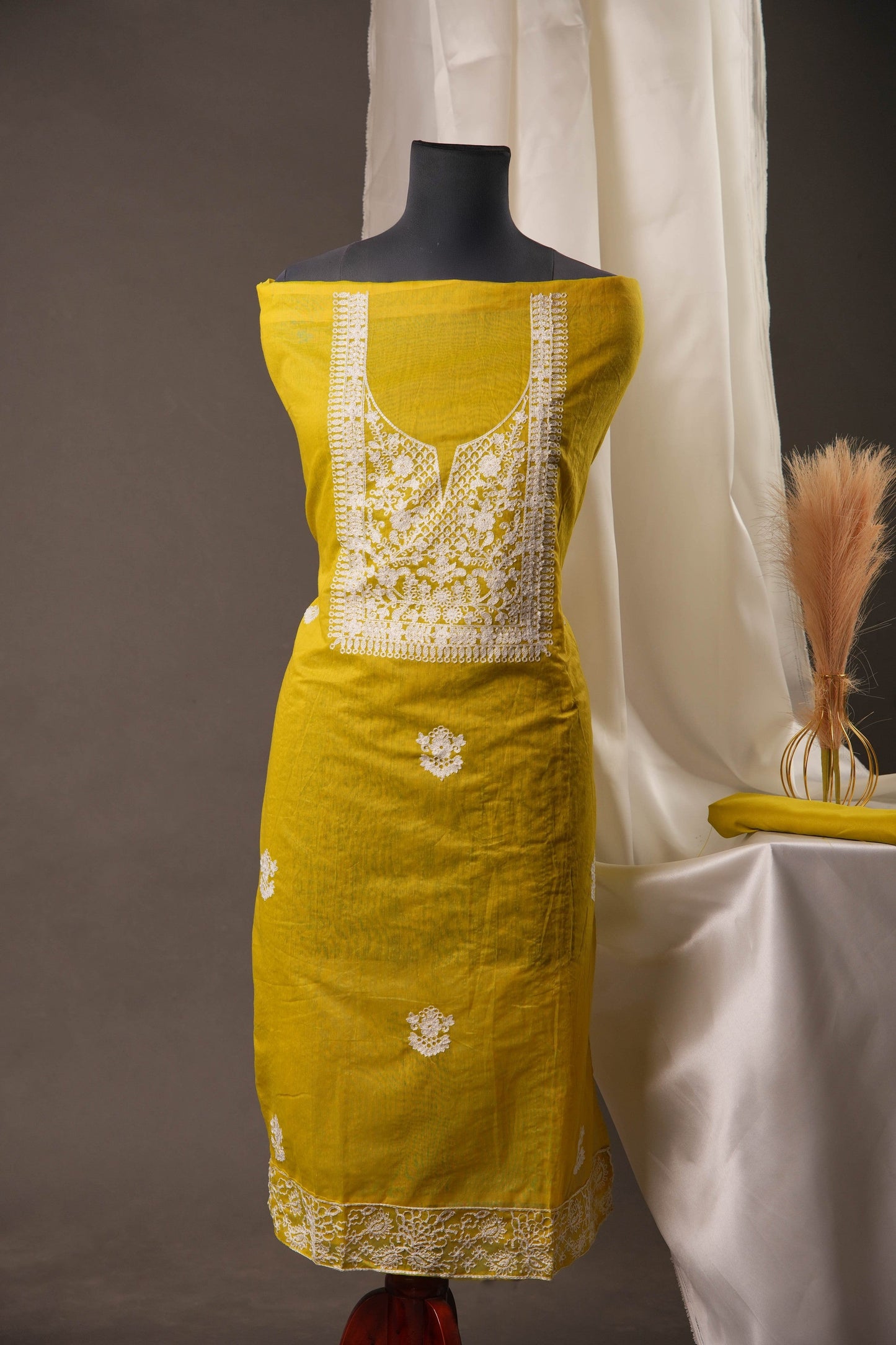 Lime Yellow Chanderi Cotton Unstitched Suit with White Thread work& Net Dupatta