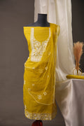 Lime Yellow Chanderi Cotton Unstitched Suit with White Thread work& Net Dupatta