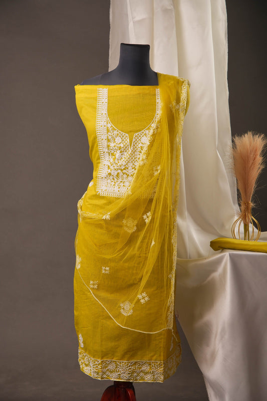 Lime Yellow Chanderi Cotton Unstitched Suit with White Thread work& Net Dupatta