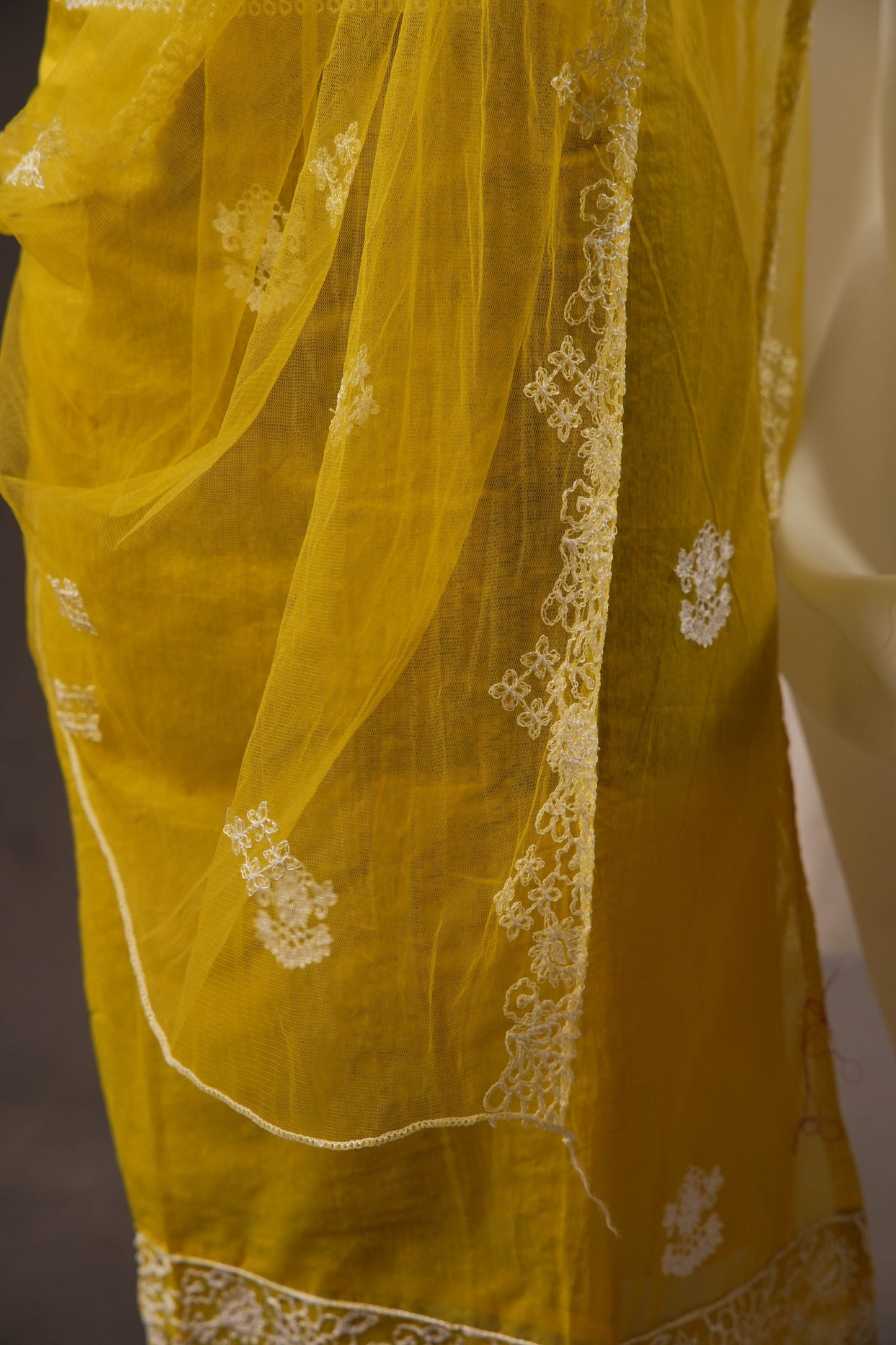 Lime Yellow Chanderi Cotton Unstitched Suit with White Thread work& Net Dupatta