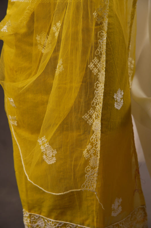 Lime Yellow Chanderi Cotton Unstitched Suit with White Thread work& Net Dupatta