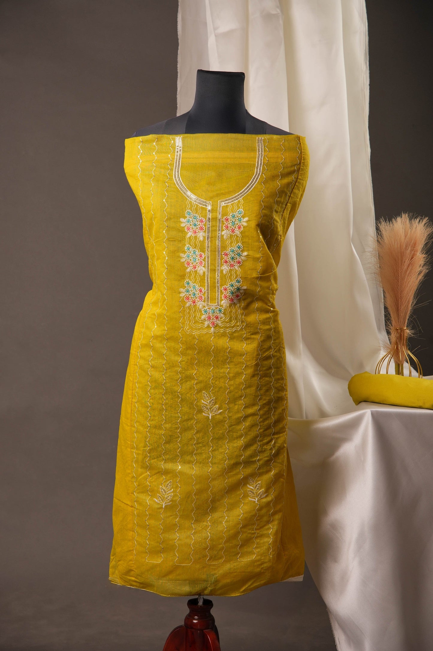 Warm Pista Green Chanderi Cotton Unstitched Suit with Embroidery With Sequence & Zari-line Dupatta