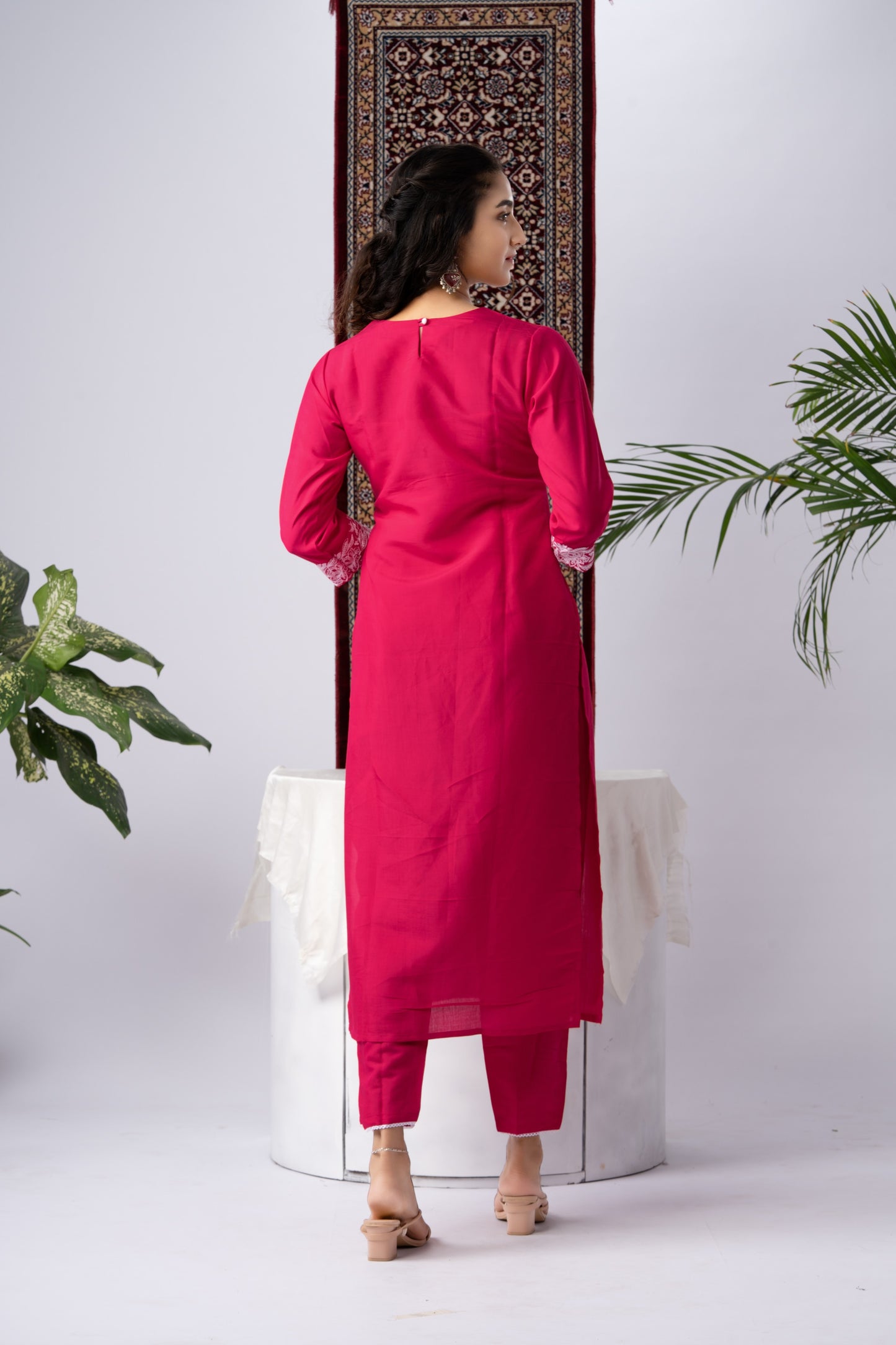 Pink Pure Silk Kurta Set with White Thread Embroidery