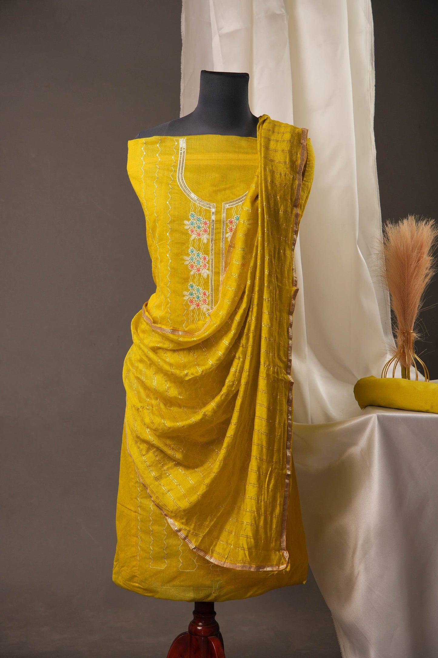Warm Pista Green Chanderi Cotton Unstitched Suit with Embroidery With Sequence & Zari-line Dupatta