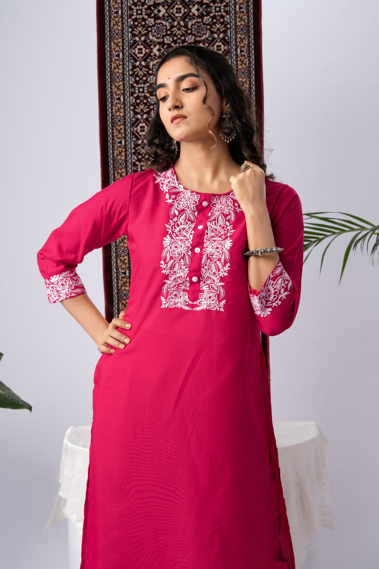 Pink Pure Silk Kurta Set with White Thread Embroidery