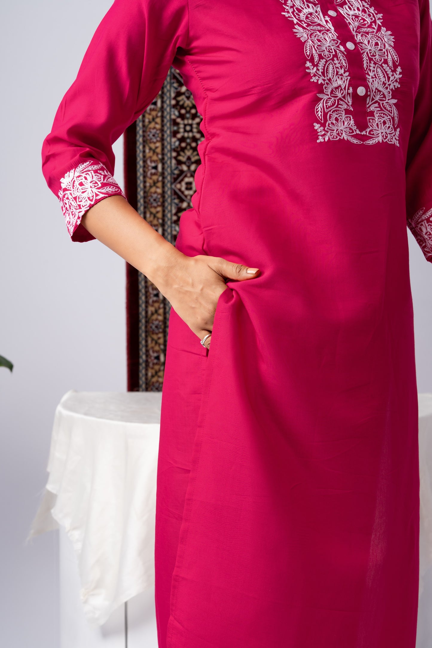 Pink Pure Silk Kurta Set with White Thread Embroidery