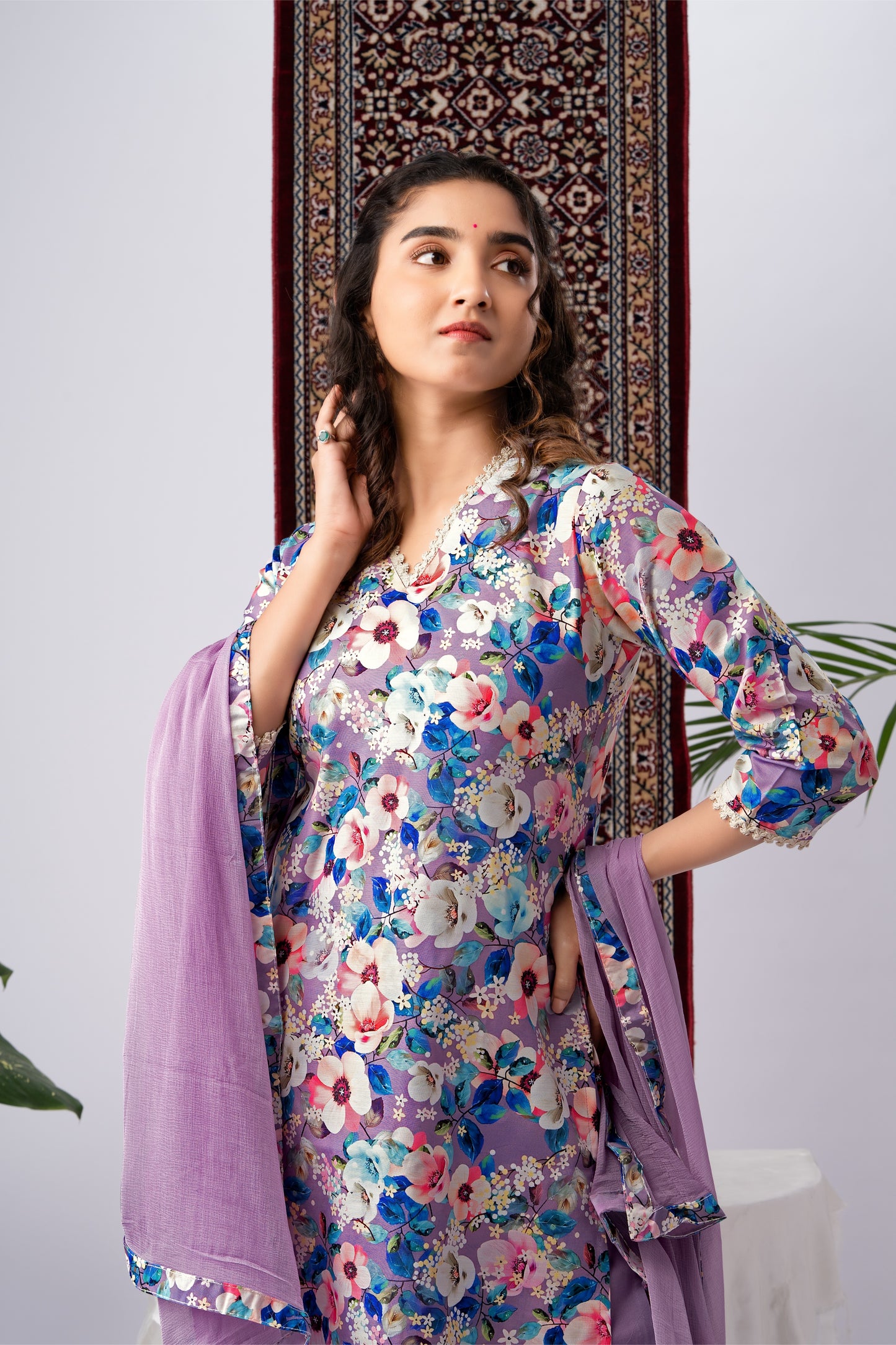 Lavender Cotton Blend Kurta Set with Vibrant Floral Print