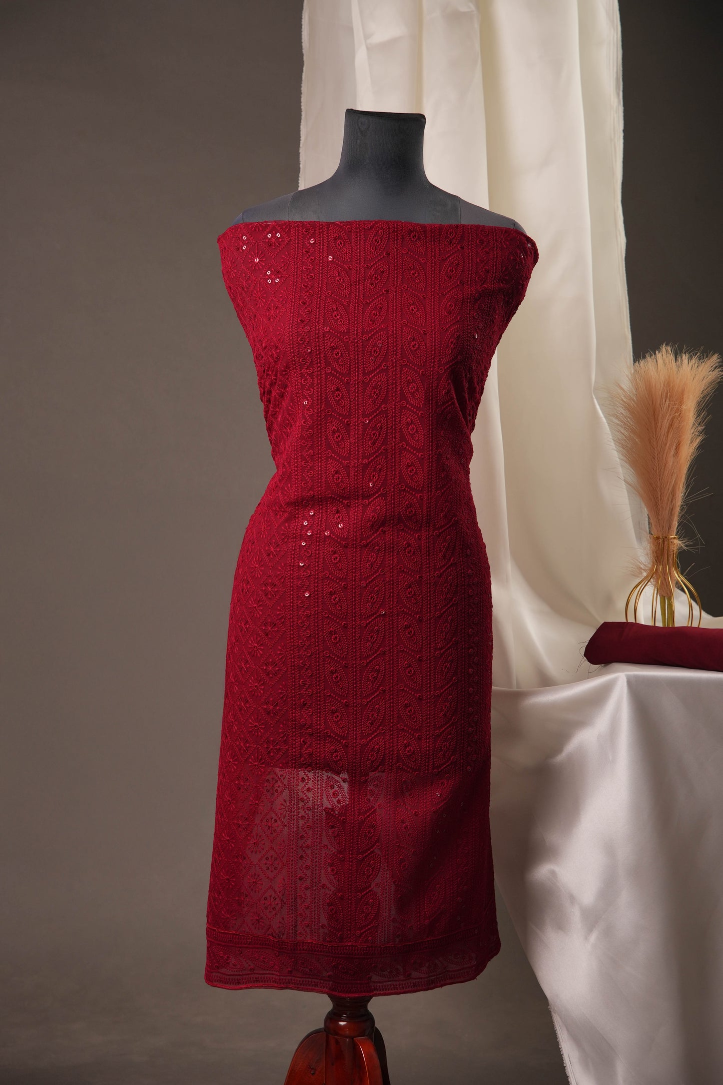 Elegant Maroon Georgette Unstitched Suit with Sequence Work & Solid Chiffon Dupatta