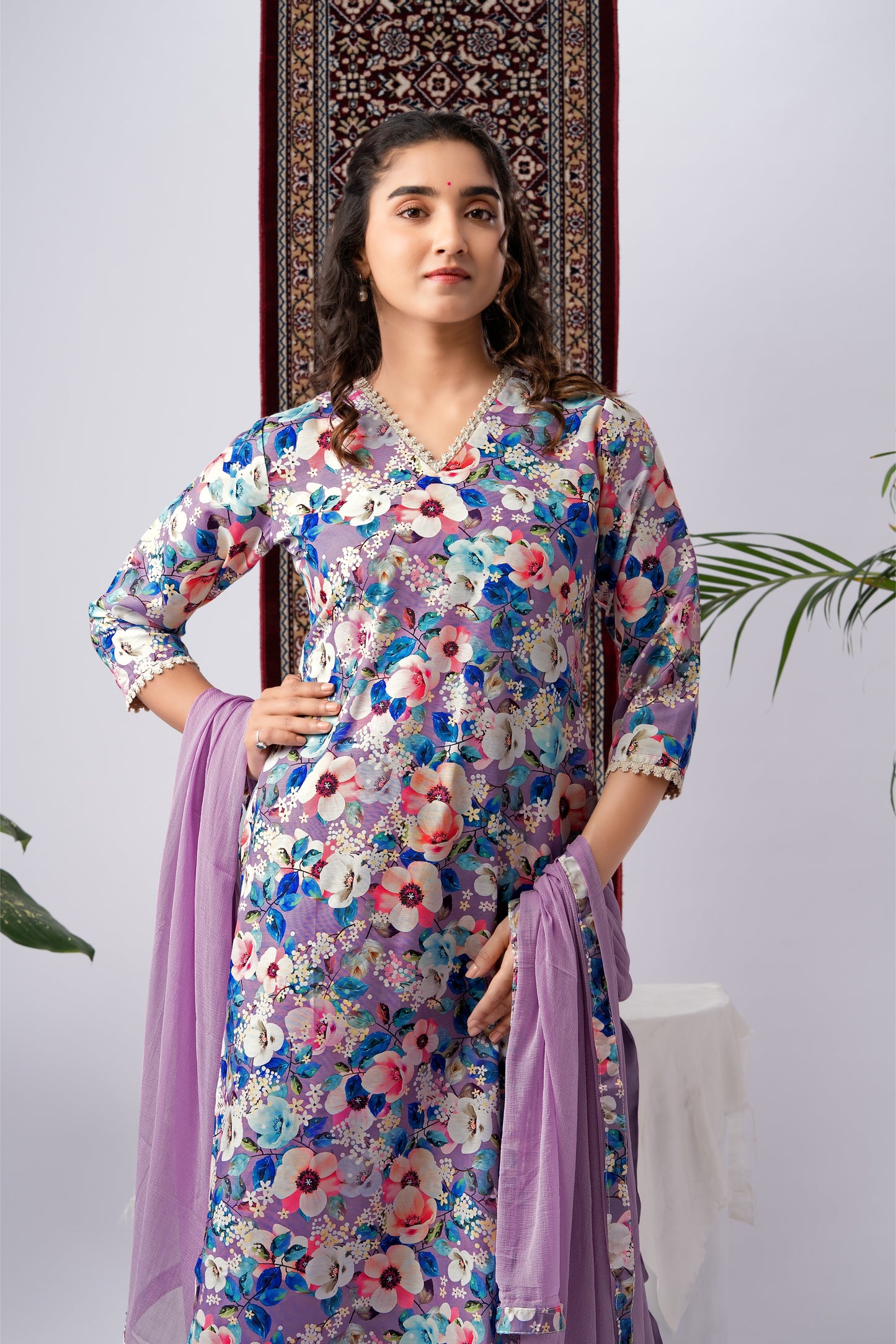 Lavender Cotton Blend Kurta Set with Vibrant Floral Print