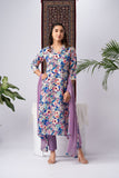 Lavender Cotton Blend Kurta Set with Vibrant Floral Print