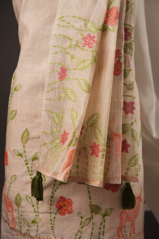 Beige Muslin Cotton Unstitched Suit with Multicolour Weaving Floral & Animal Motifs