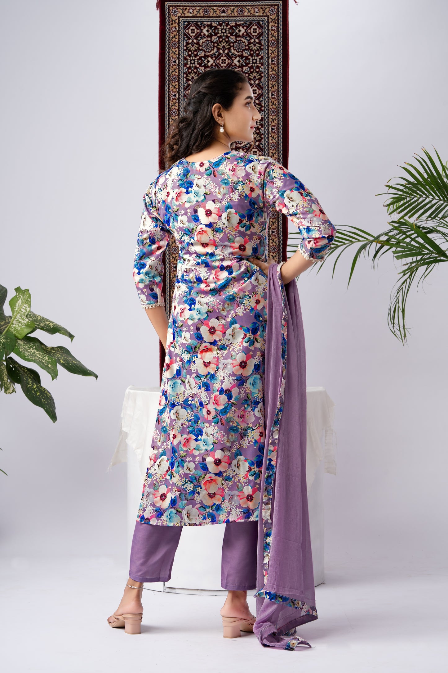 Lavender Cotton Blend Kurta Set with Vibrant Floral Print