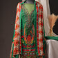 Green Pakistani Unstitched Suit with Embroidered Neck Patch & Puff Sleeve.