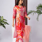 Peach Abstract Leaf Print Cotton Blend Kurta Set with Solid Dupatta