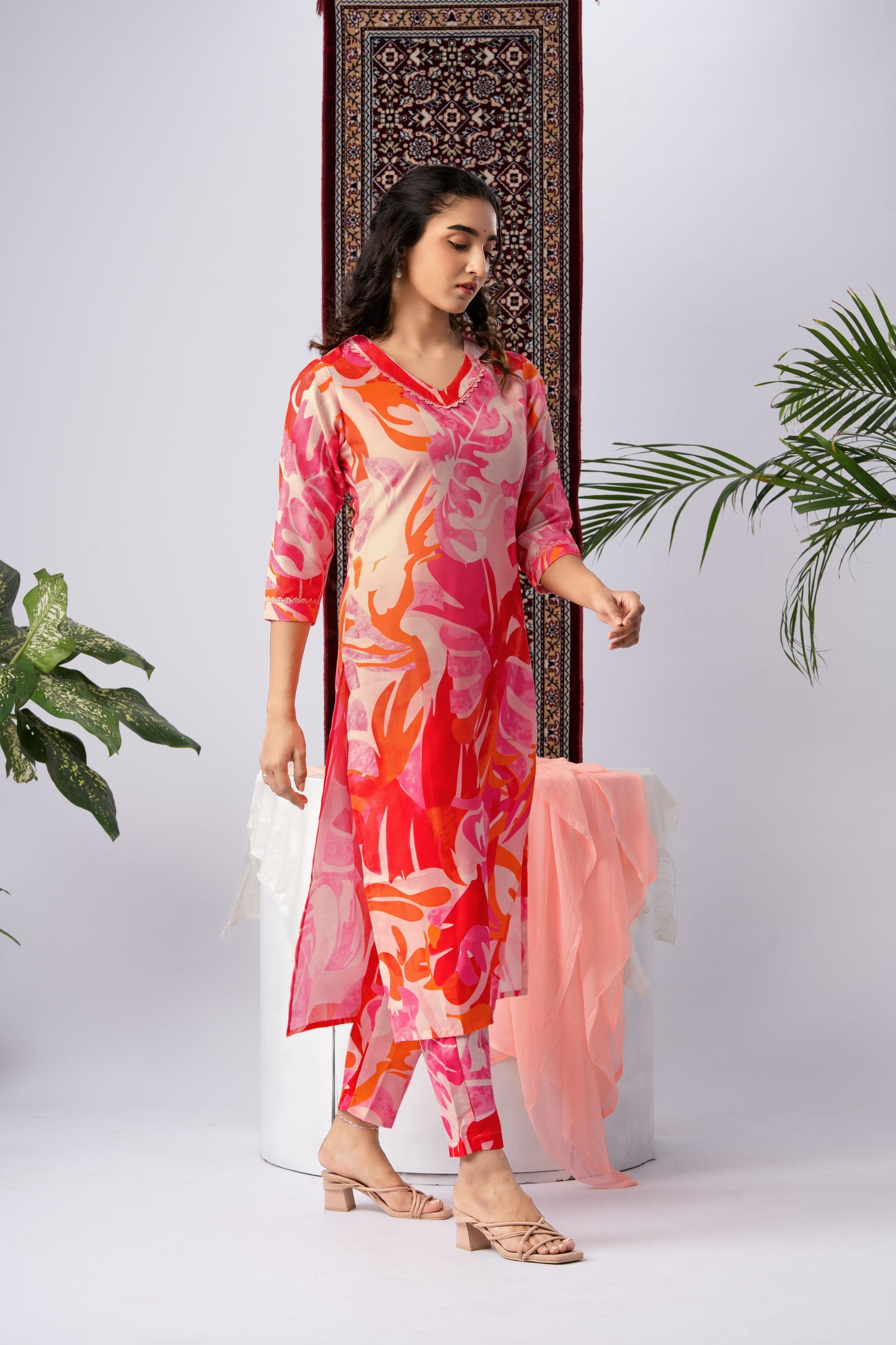 Peach Abstract Leaf Print Cotton Blend Kurta Set with Solid Dupatta