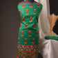 Green Pakistani Unstitched Suit with Embroidered Neck Patch & Puff Sleeve.