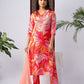 Peach Abstract Leaf Print Cotton Blend Kurta Set with Solid Dupatta