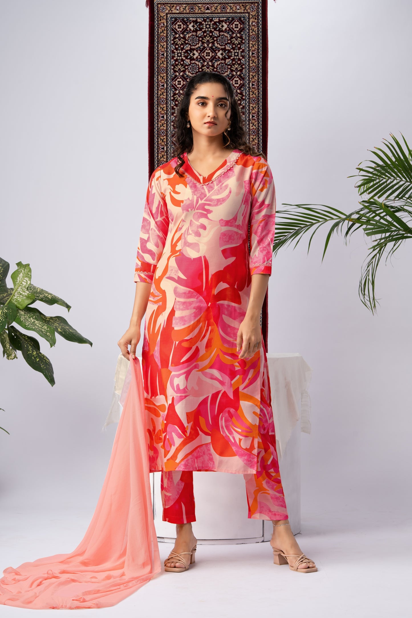 Peach Abstract Leaf Print Cotton Blend Kurta Set with Solid Dupatta