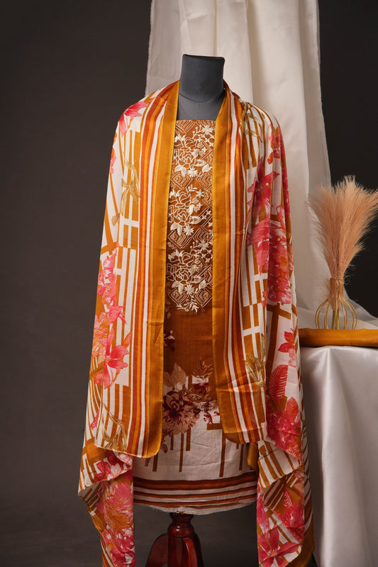 Rust Orange Pakistani Unstitched Suit with Embroidered Neck Patch & Dual Sleeve Borders.