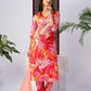 Peach Abstract Leaf Print Cotton Blend Kurta Set with Solid Dupatta