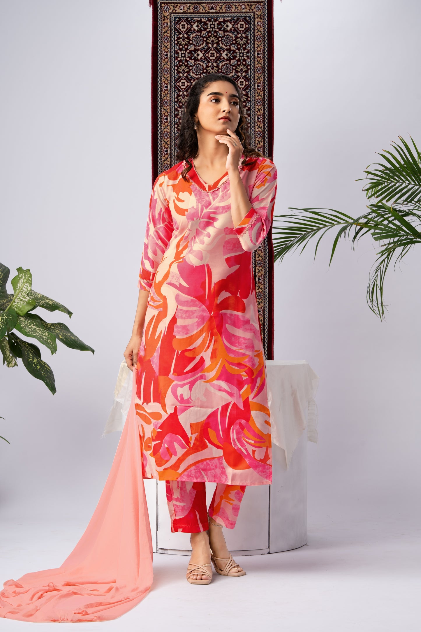 Peach Abstract Leaf Print Cotton Blend Kurta Set with Solid Dupatta