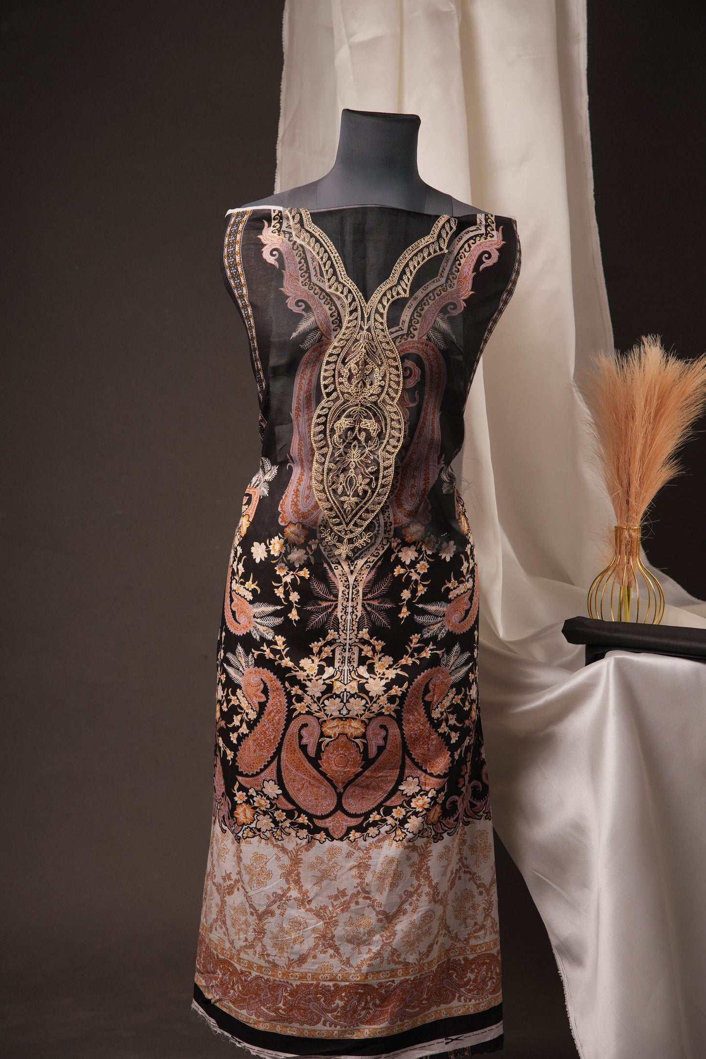 Royal Black & Beige Pakistani Unstitched Suit with Embroidered Neck Patch & Puff Sleeves
