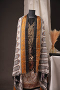 Royal Black & Beige Pakistani Unstitched Suit with Embroidered Neck Patch & Puff Sleeves