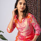 Peach Abstract Leaf Print Cotton Blend Kurta Set with Solid Dupatta