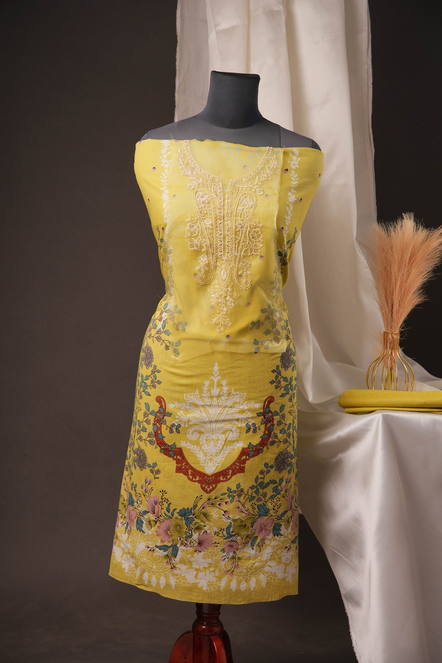 Lemon Yellow Pakistani Unstitched Suit with Embroidered Neck Patch & Puff Sleeves