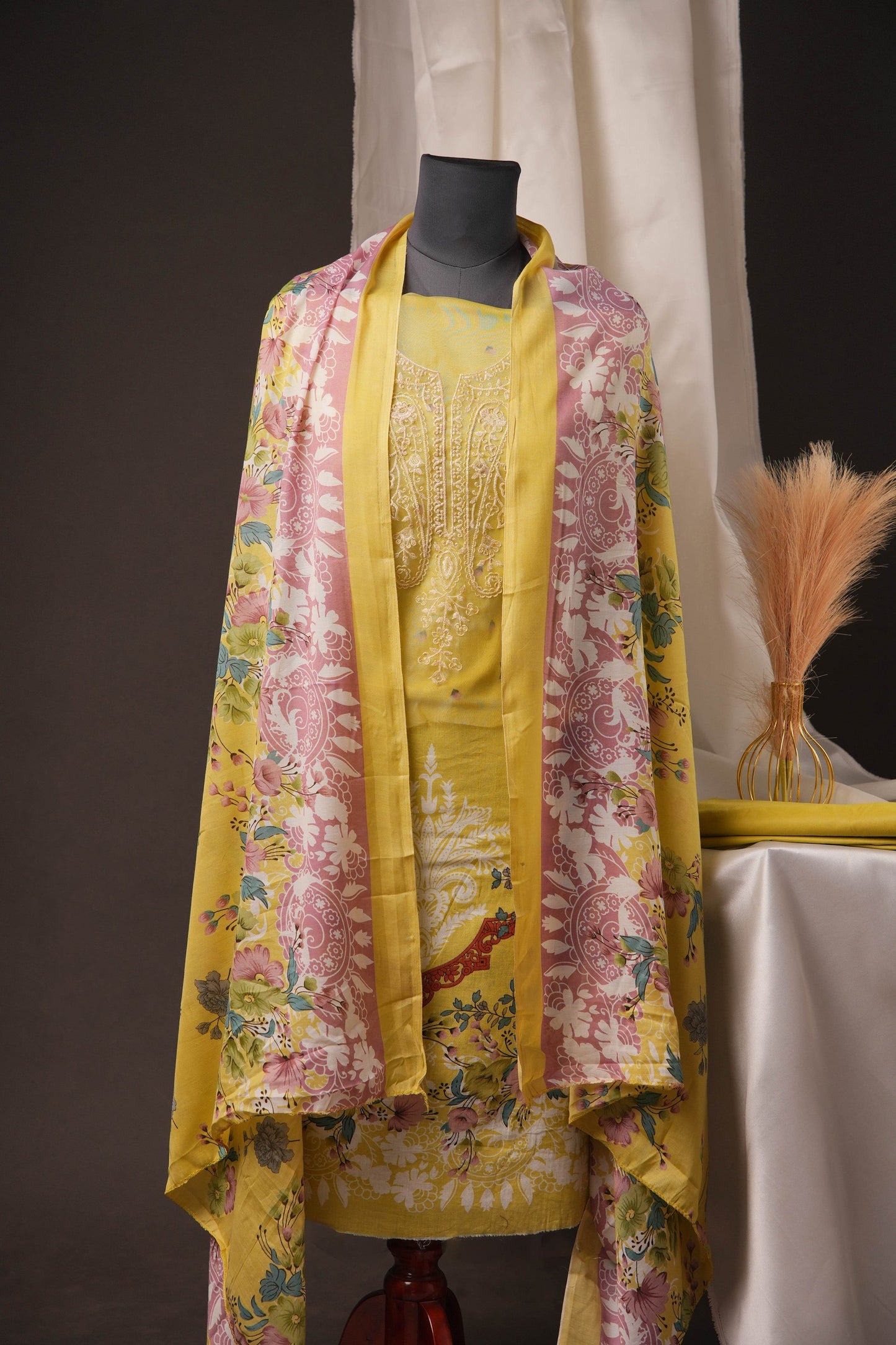 Lemon Yellow Pakistani Unstitched Suit with Embroidered Neck Patch & Puff Sleeves