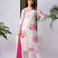 White Viscose Rayon Kurta Set with Pink Floral Print & Contrast Dupatta