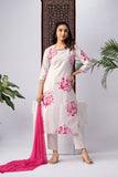 White Viscose Rayon Kurta Set with Pink Floral Print & Contrast Dupatta