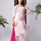 White Viscose Rayon Kurta Set with Pink Floral Print & Contrast Dupatta