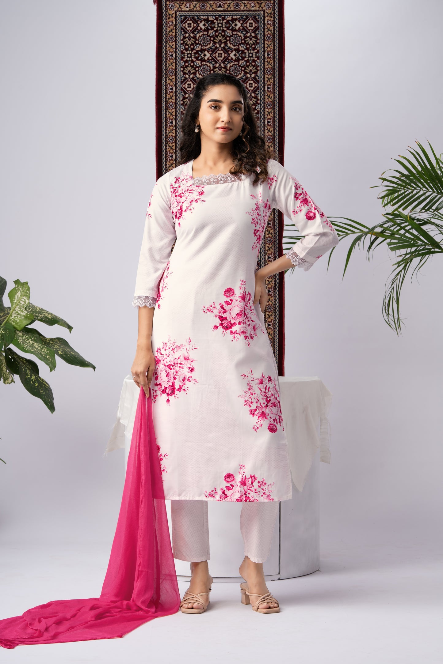 White Viscose Rayon Kurta Set with Pink Floral Print & Contrast Dupatta