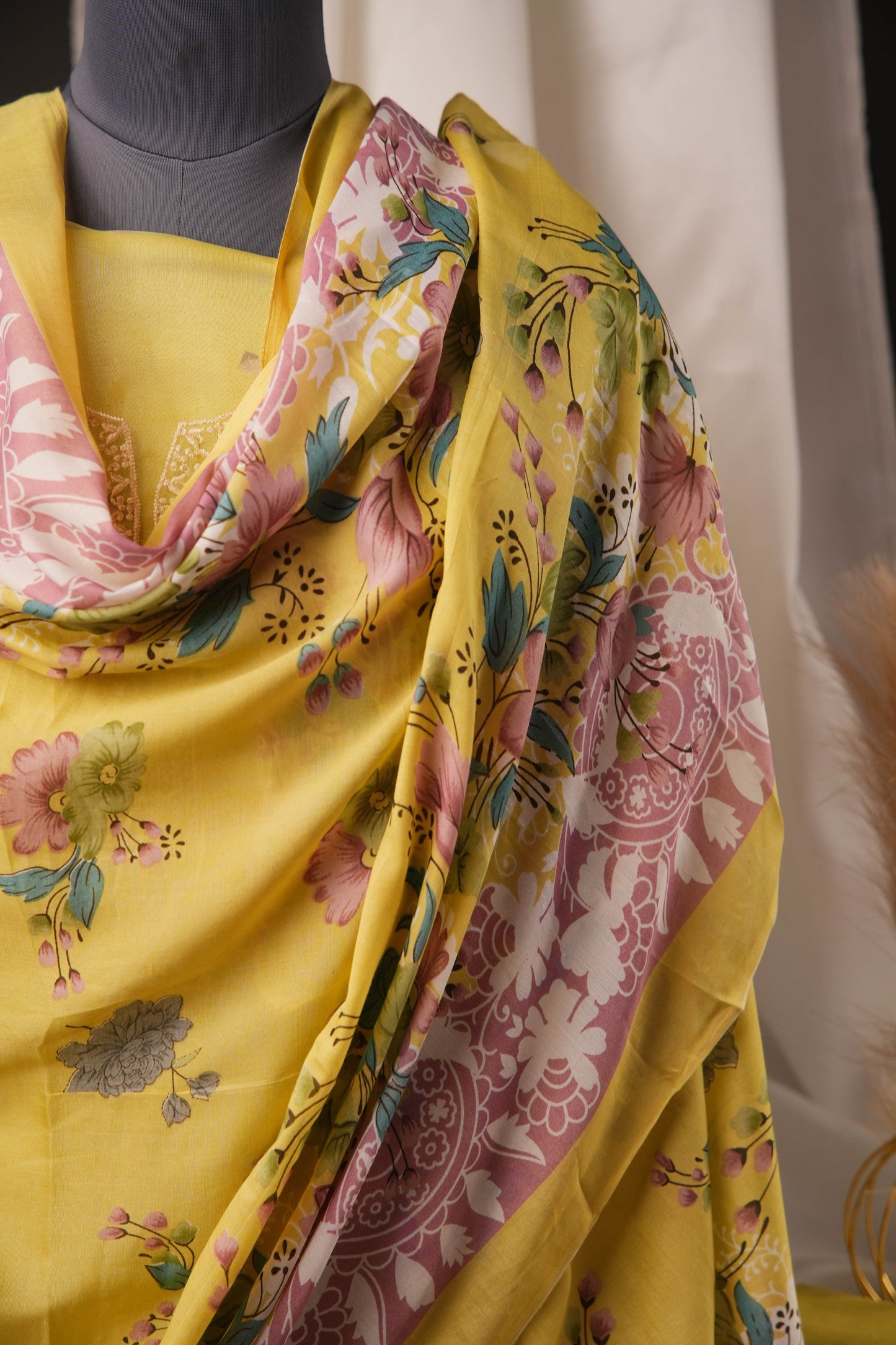 Lemon Yellow Pakistani Unstitched Suit with Embroidered Neck Patch & Puff Sleeves