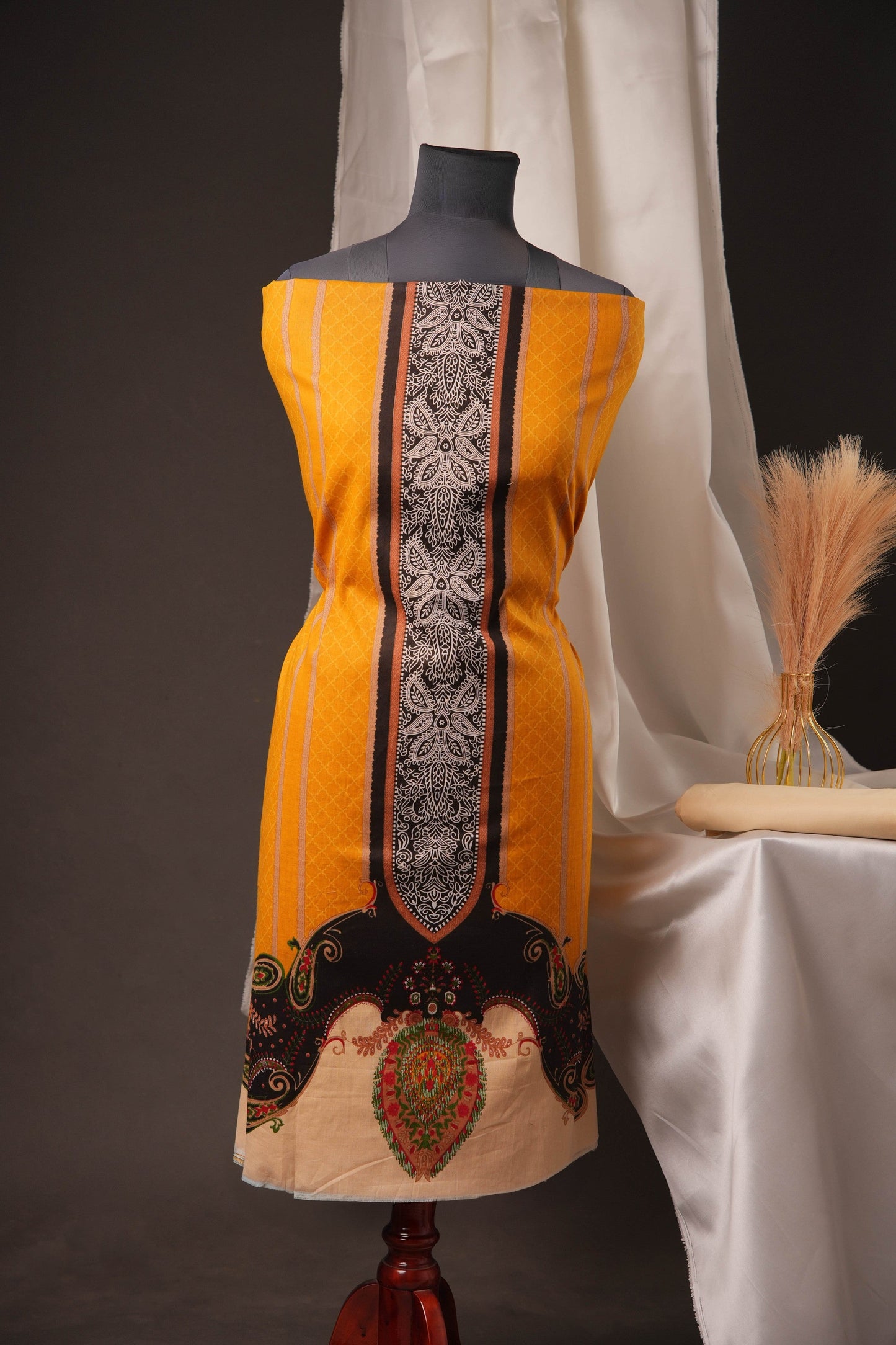 Mustard Pakistani Unstitched Suit with Embroidered Neck & 2-Line Sleeves