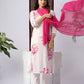 White Viscose Rayon Kurta Set with Pink Floral Print & Contrast Dupatta