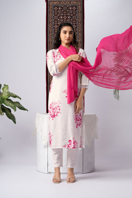 White Viscose Rayon Kurta Set with Pink Floral Print & Contrast Dupatta
